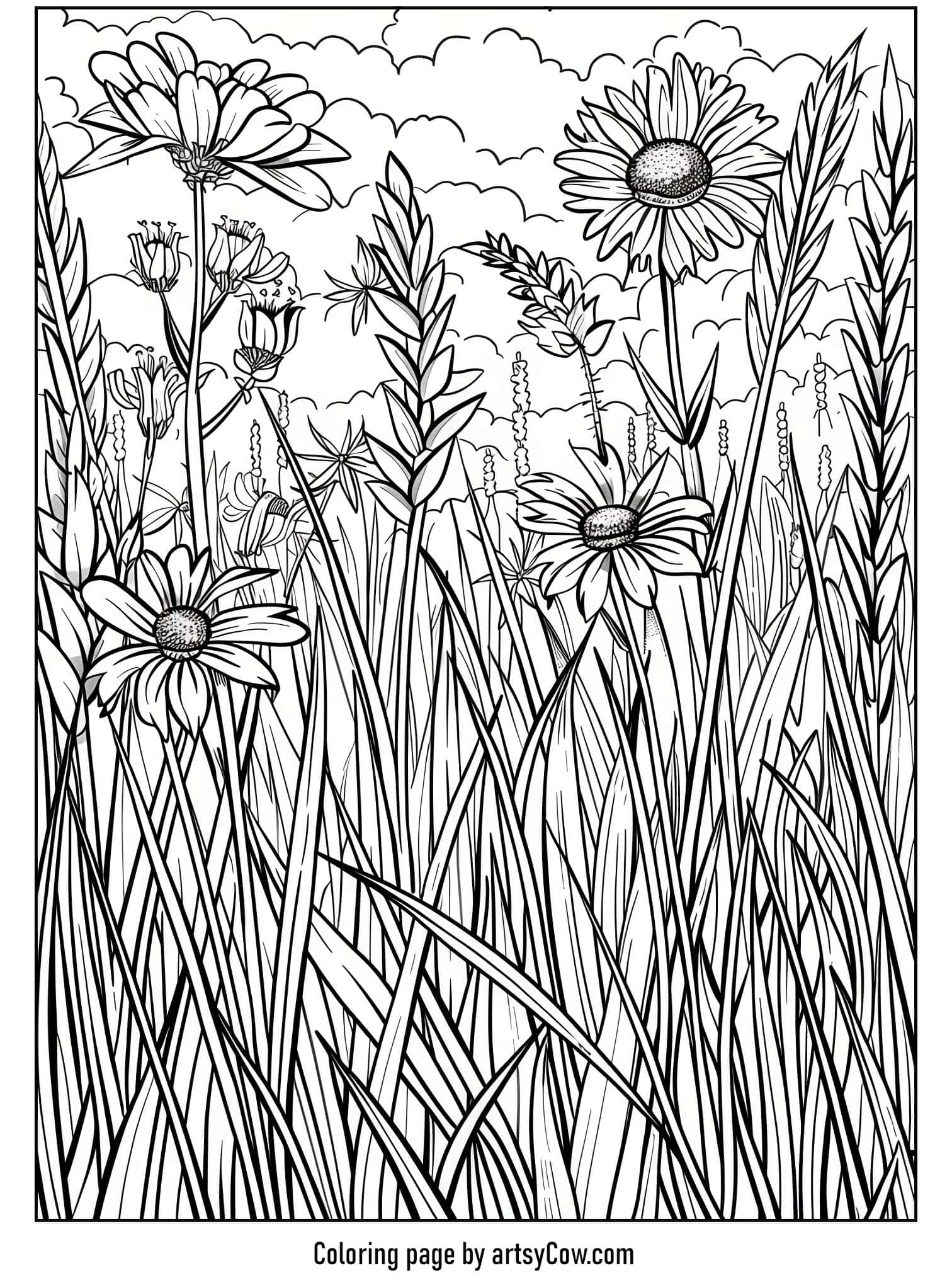 a detailed field filled with various flowers like daisies and lush grasses